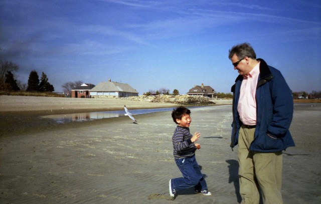Andrew, Paul and seagull on Long Island Sound - November 2001